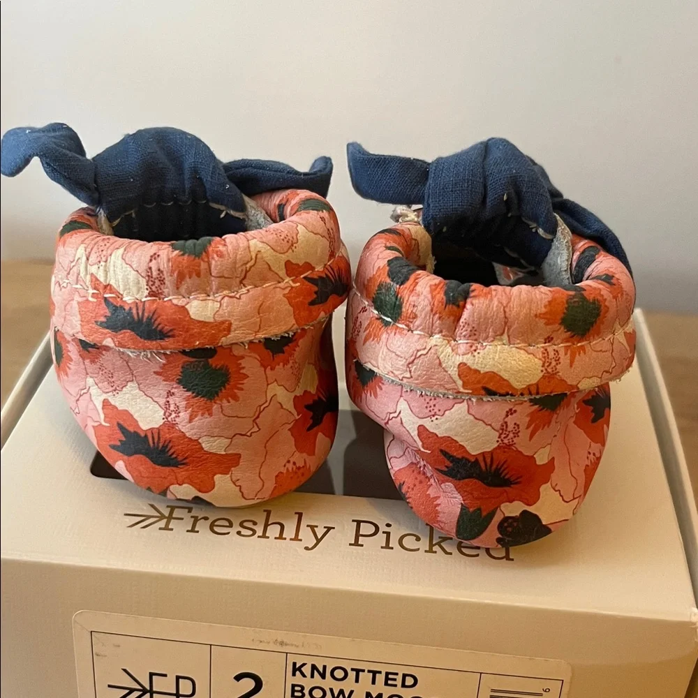 Freshly Picked Pink Floral Moccasins with Navy Knotted Bow